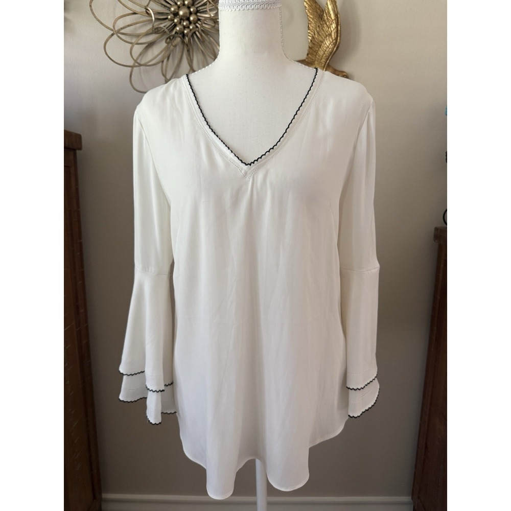 White House Black Market Top Size 8 White Bell Sleeve V Neck Blouse Tunic